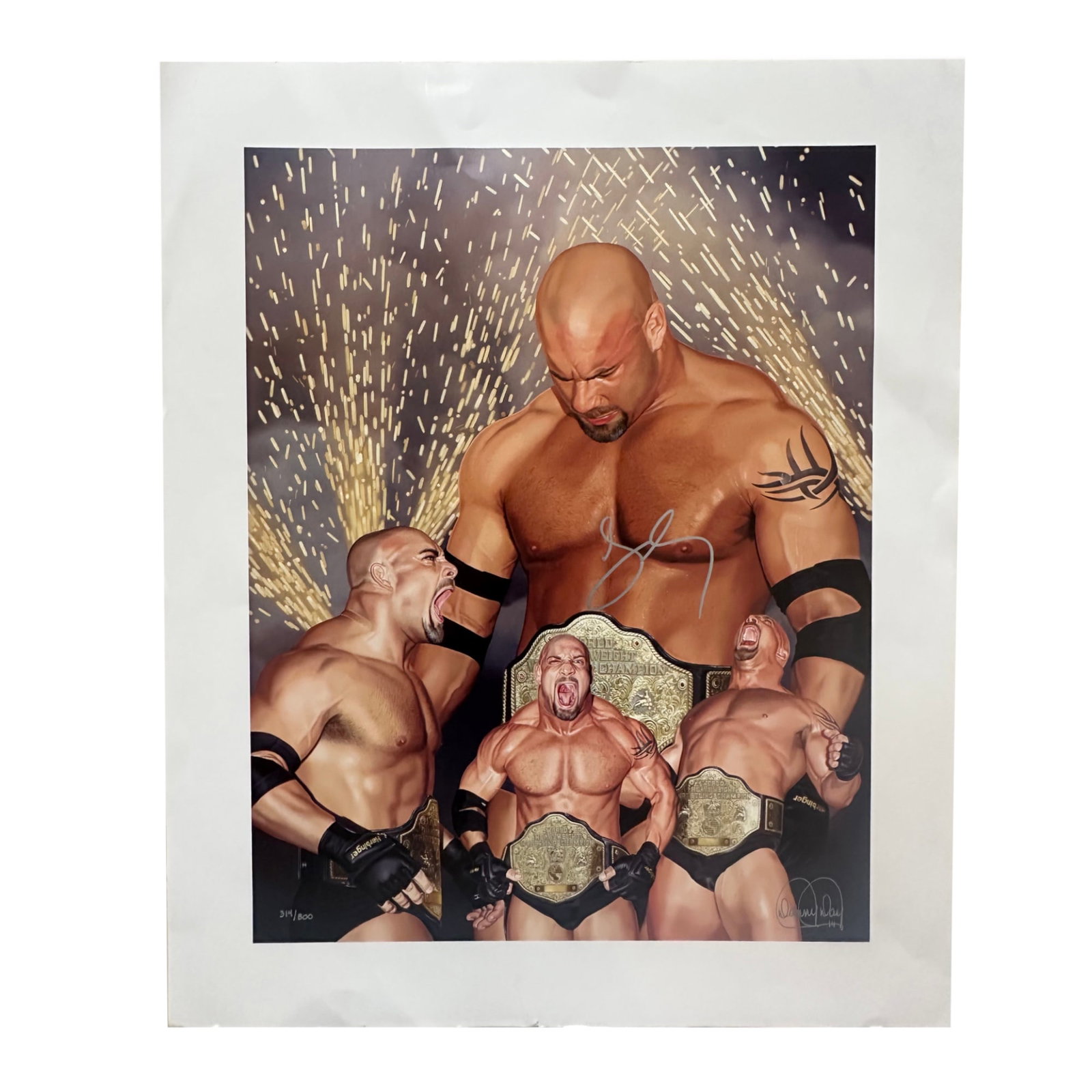 Bill Goldberg by Danny Day: This lot presents a signed limited edition print depicting professional wrestling icon Bill Goldberg, created by contemporary American artist Danny Day, widely recognized for his high-impact sports