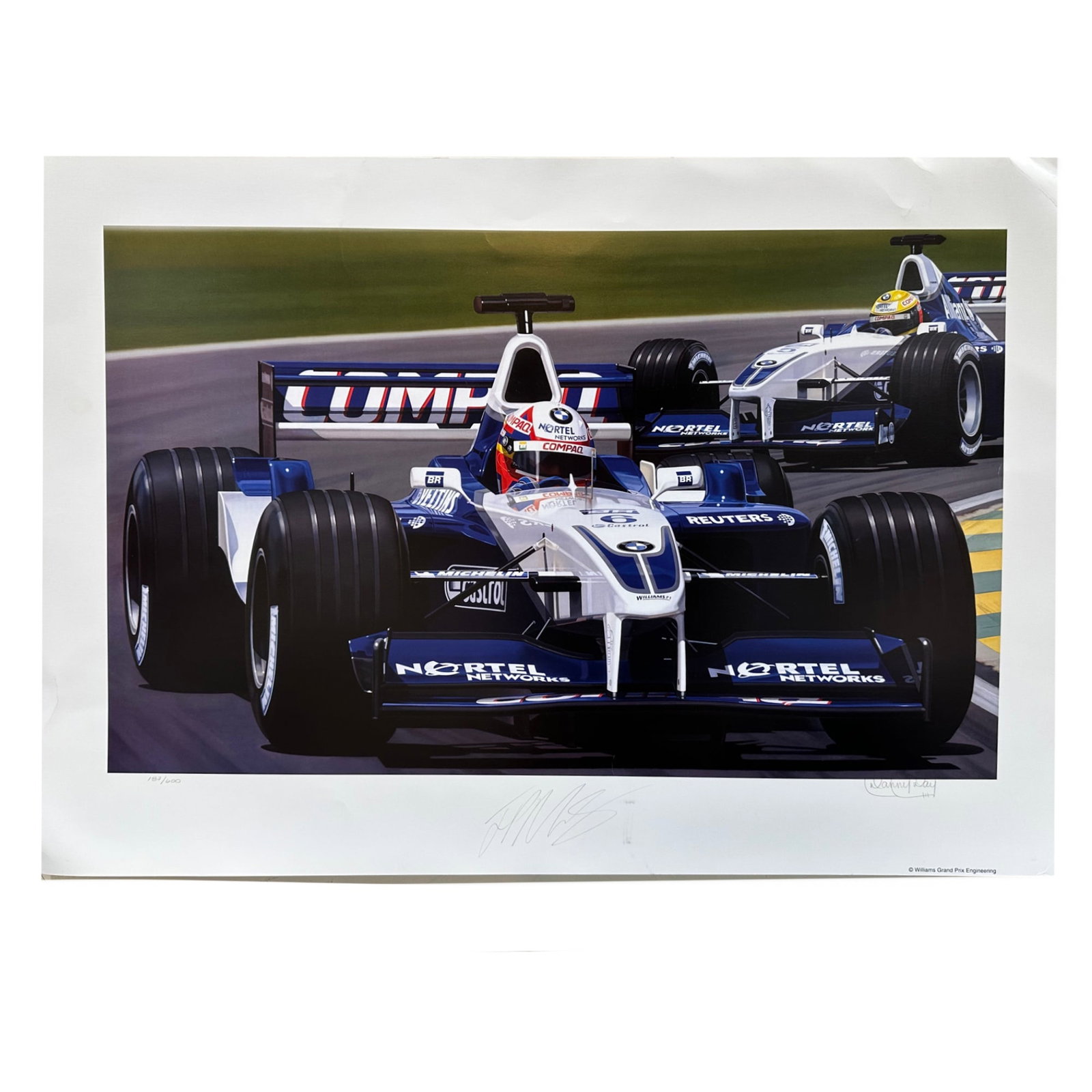 Juan Pablo Montoya by Danny Day: This lot presents a dual-signed limited edition print featuring internationally acclaimed racing driver Juan Pablo Montoya, rendered by contemporary American artist Danny Day. The composition