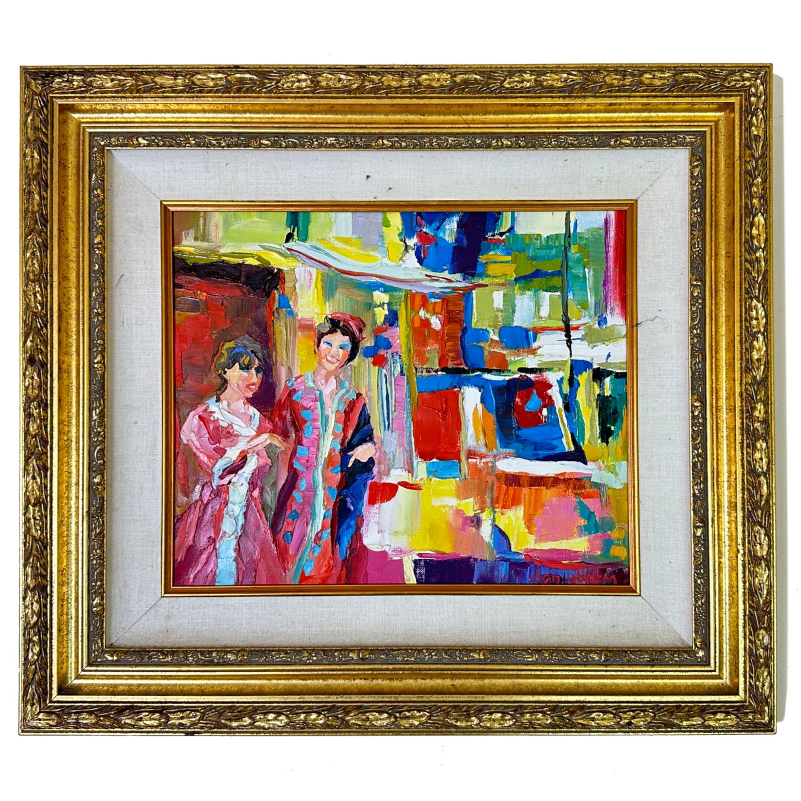 Un Vrai Ami by Don Hazen: This lot presents an original oil painting by contemporary American artist Don Hazen, depicting an intimate figurative scene rendered through bold color relationships and expressive brushwork. Un