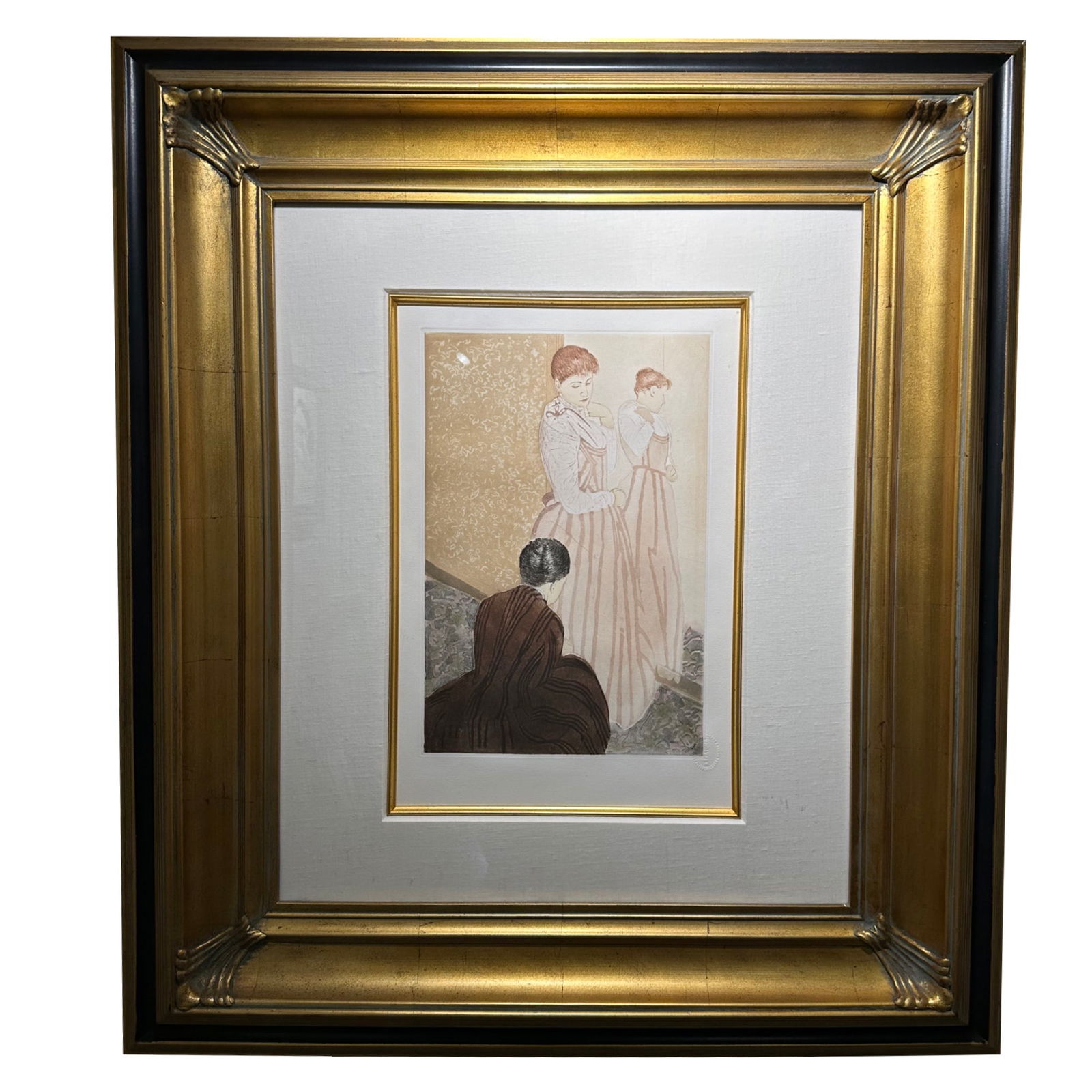 The Seamstress by Mary Cassatt: This lot presents a framed printed work titled The Seamstress by Mary Cassatt, one of the most significant American Impressionist artists of the late 19th and early 20th centuries. Cassatt is