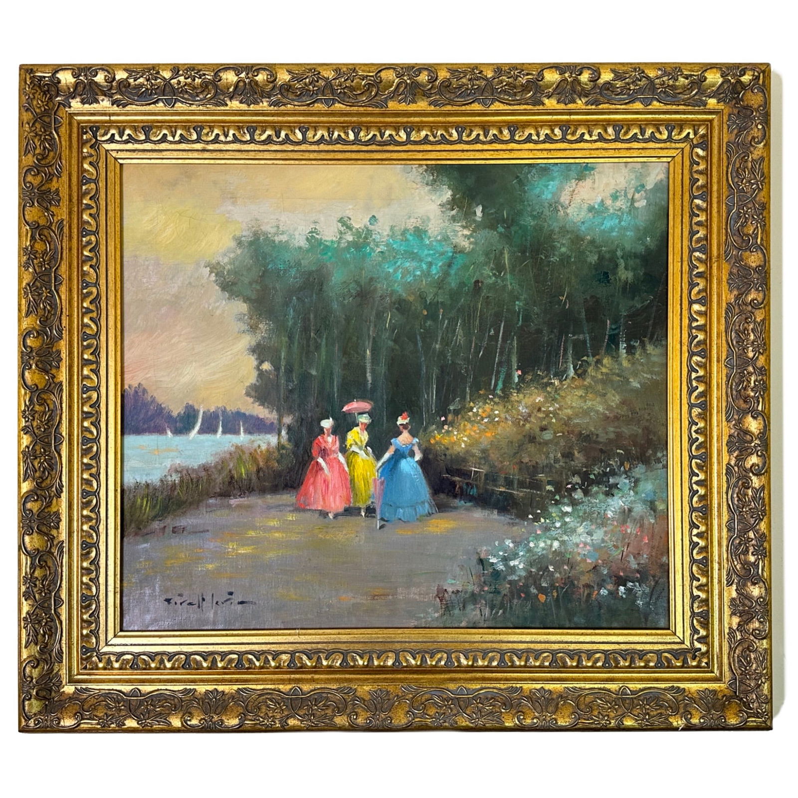 Lerin: This lot presents an original oil painting titled The Garden by Lerin, depicting an elegant outdoor scene rendered in a loose, impressionistic manner. The composition shows three figures in period