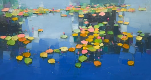Floating Lilies, Floral Impressionism Original oil Painting, Ready to Hang