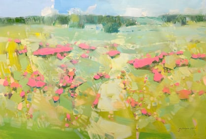 Pink Meadow Impressionism Original oil Painting, Ready to Hang