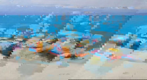 Canoes at the Shore, Impressionism Original oil Painting, Ready to Hang