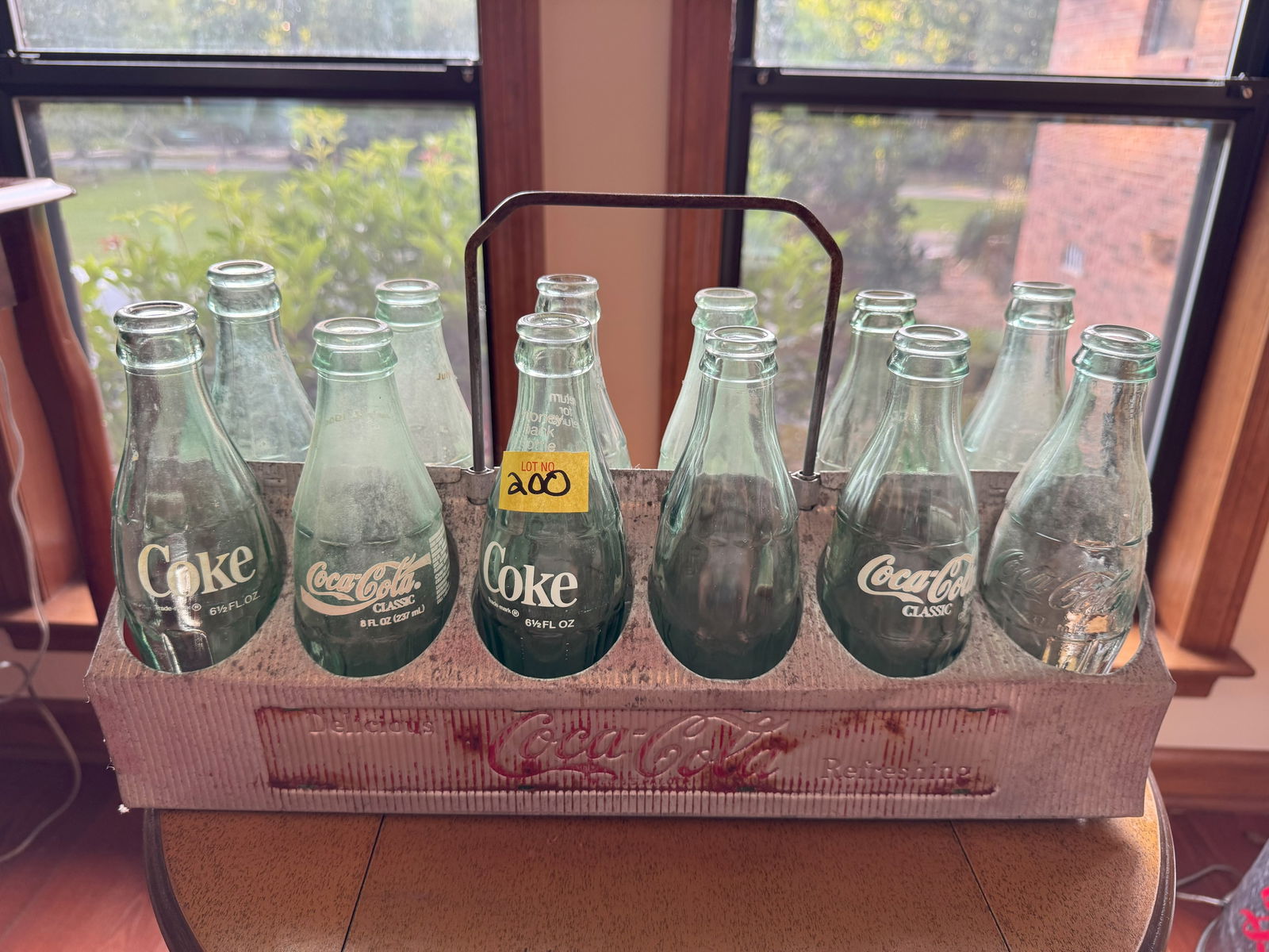 12 pk Coke in Metal Carrier: Antique Metal Carrier with 12pk of Coca Cola Bottles