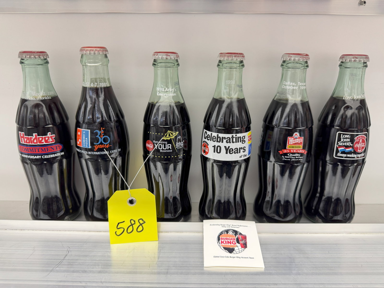 6pk of Restaurant Themed Coca Cola Bottles: Hardees, Dominoes, Arby's, Burger King, Wendy's and Long John Silver