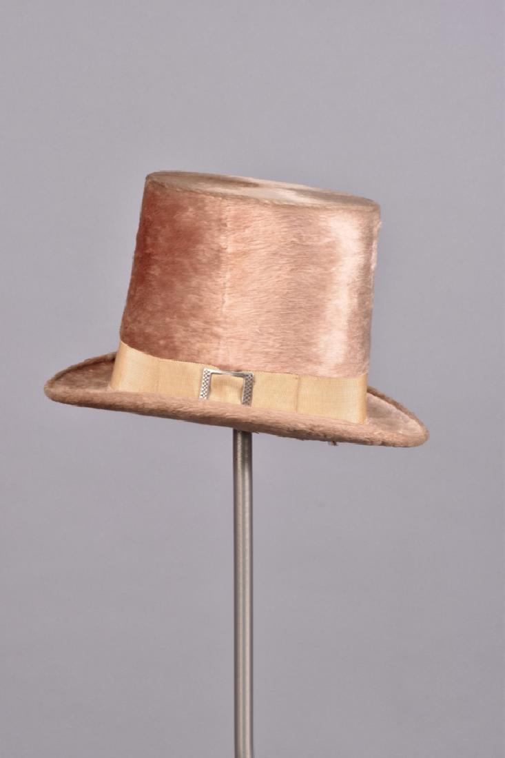 LONDON LABEL PINK PLUSH HIGH HAT, LATE 19th C (1 of 5)