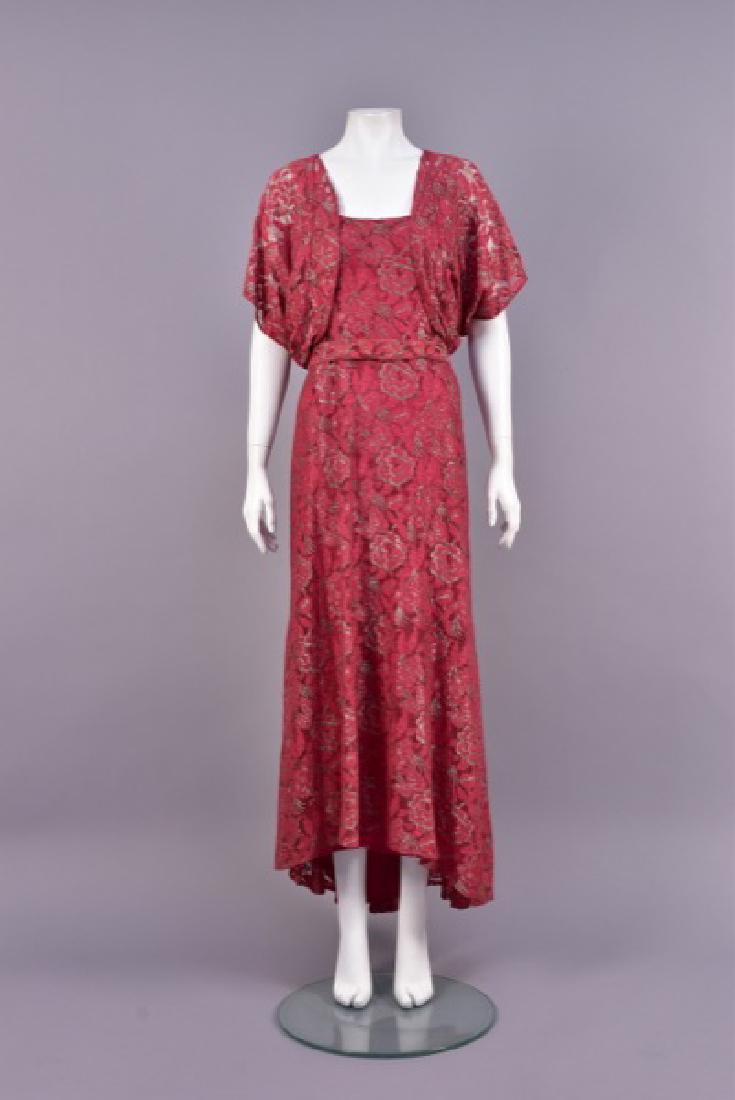 METALLIC BROCADE LACE GOWN and JACKET, 1930s. (1 of 6)