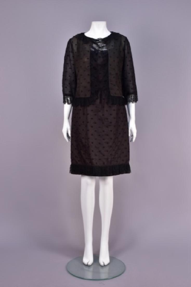 CHRISTIAN DIOR DOTTED ORGANZA DRESS and JACKET, 1950s: Black silk with embroidered dots, sleeveless dress having fitted bodice cut as one with wide strap, scoop neck with sheer edging, set-in waist, slightly gathered slim skirt with ruffled lace hem band,