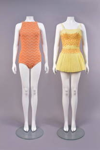 RUDI GERNREICH and TINA LESER SWIMSUITS, MID 20th C.: Gernreich cream and tangerine chevron pattern wool knit maillot with scoop back, Harmon Knitwear label, unstretched B-32, W-26, H-30, (few minor pulls). Leser embroidered yellow cotton swim dress havi