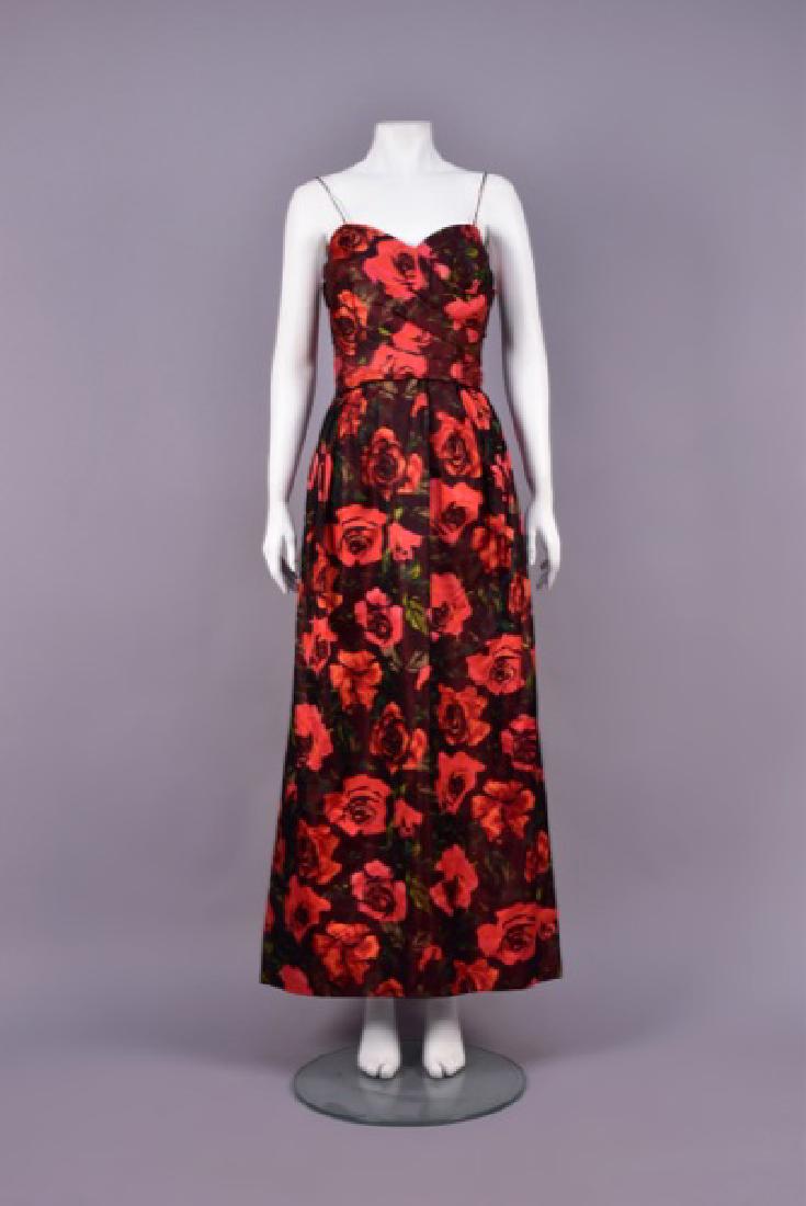 WARP PRINTED SATIN EVENING DRESS with ROSES, c. 1960. (1 of 3)