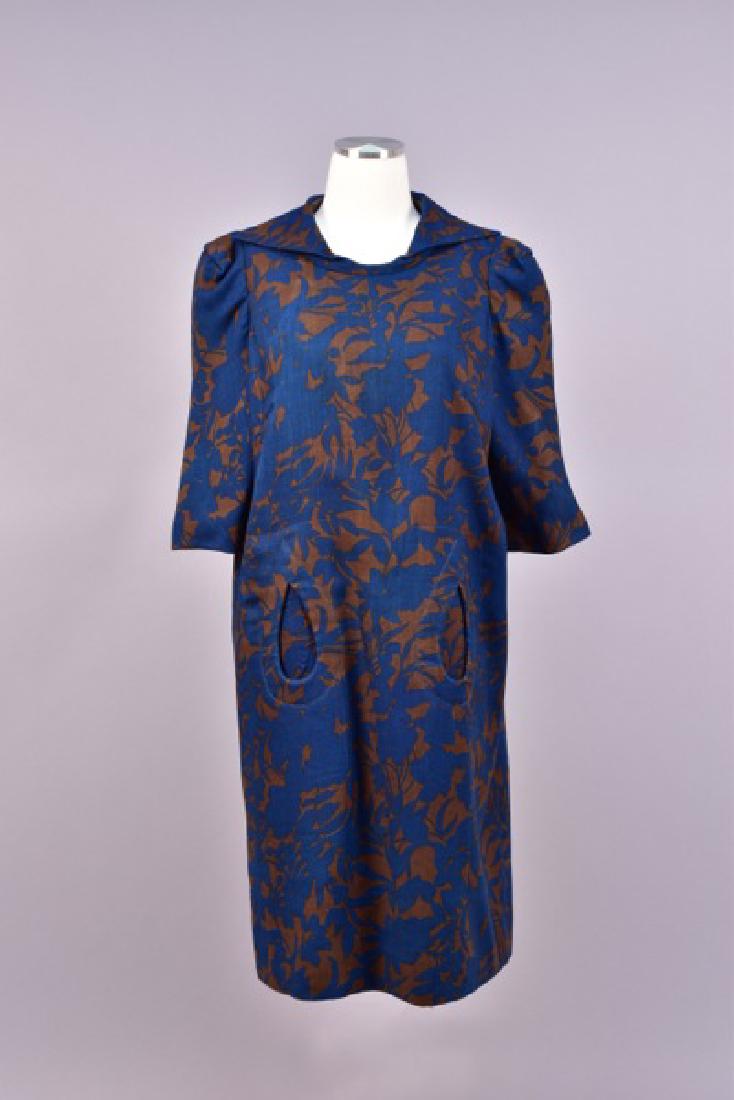 PLUS SIZE PIERRE CARDIN PRINTED WOOL DAY DRESS, c. 1970 (1 of 3)