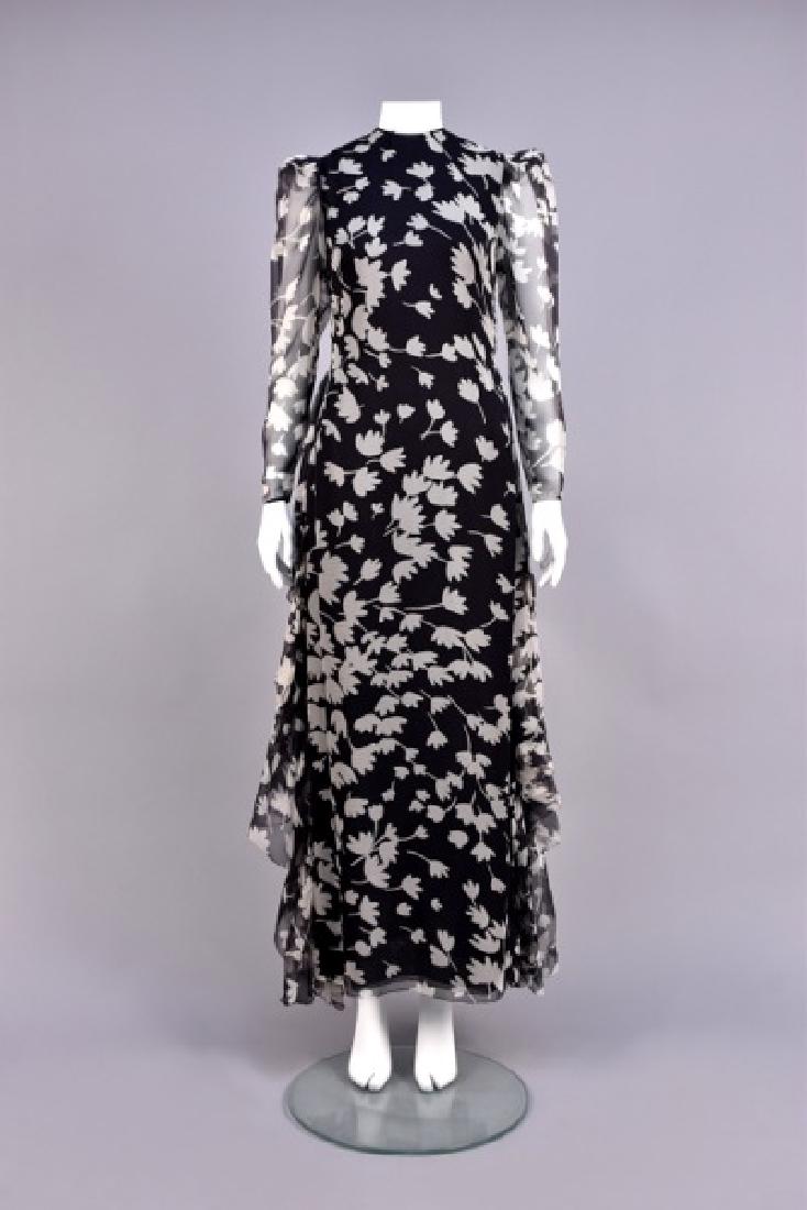 GALANOS PRINTED CHIFFON GOWN and STOLE, c. 1982. (1 of 4)