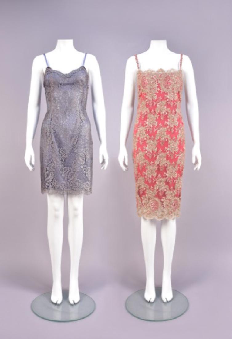 TWO LACE COCKTAIL DRESSES: Both chemise with narrow strap: One Saks label ecru lace over red silk having mohair and couched cord embroidery, corded strap decorated with silver beads and sequins, B-34, W-28, H-34, L-42, (surface