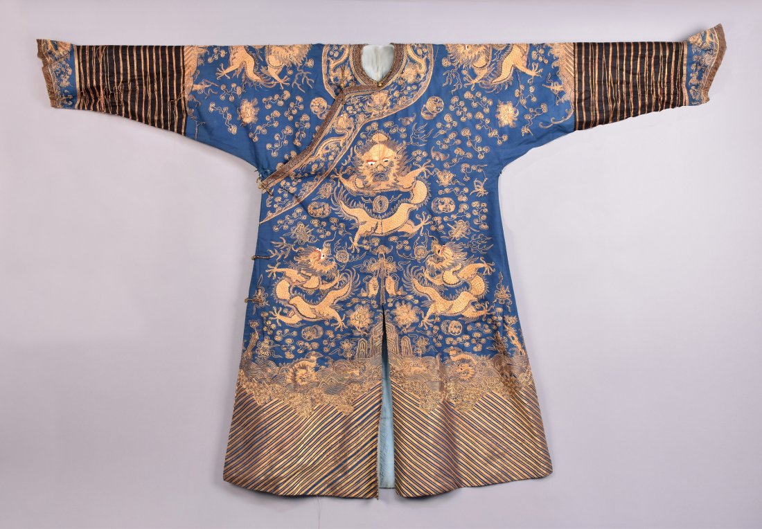 CHINESE METALLIC EMBROIDERED DRAGON ROBE, 19th C (1 of 5)
