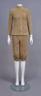 RUDI GERNREICH TUNIC and KNICKERS, 1960s: Cream and chestnut brown chenille woven in a zig-zag pattern, long sleeve top with mock turtleneck and back zipper, knickers having button cuff and elastic waist. Harmon Knitwear label. B-34, top L-23