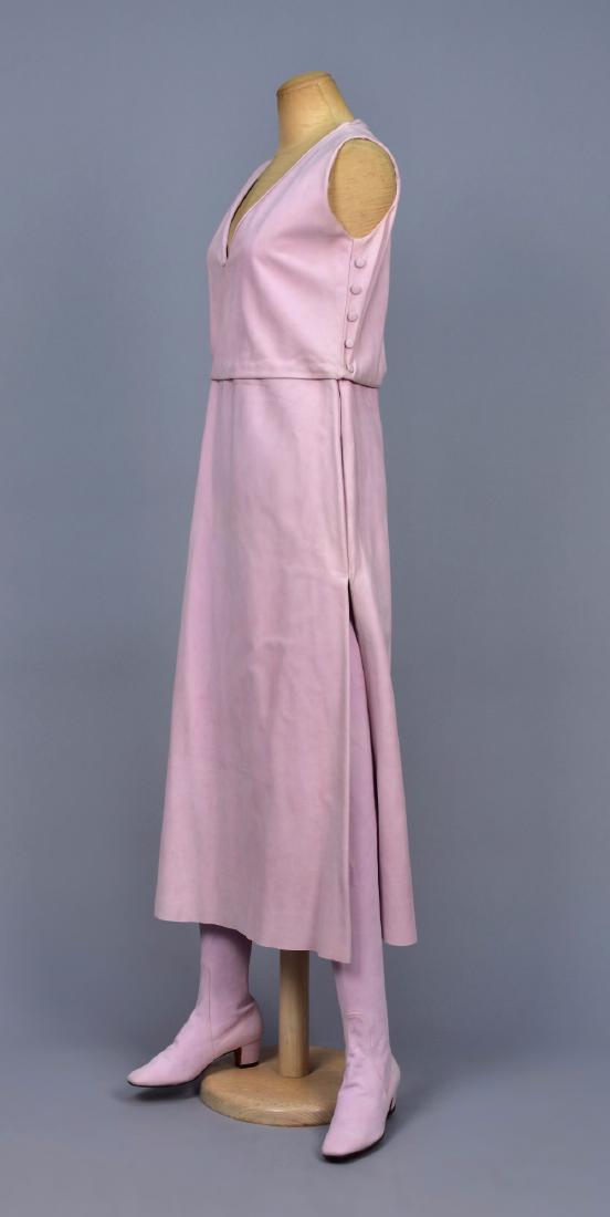 HERBERT LEVINE SUEDE DRESS and BOOT ENSEMBLE, 1966 -: Orchid pink sleeveless maxi dress having deep V neck, slightly blouson bodice with self buttons to the sides, side slits. Matching hip boots designed to be belted at waist, having back zipper, square