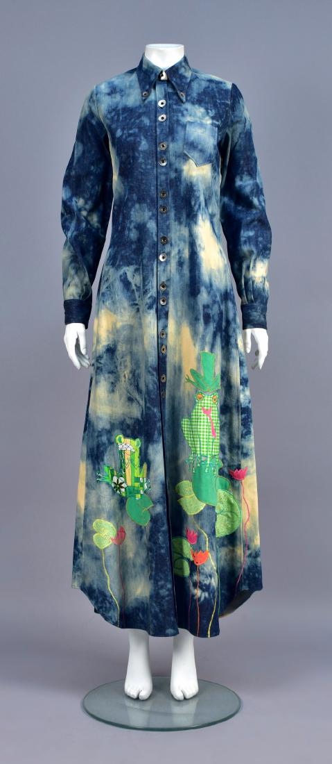 SERENDIPITY APPLIQUED SHIBORI DENIM MAXI DRESS, 1967: Long sleeve with jeans styling, appliquÃ©d with frogs and water lillies in various cottons, having patch pockets, silvertone buttons stamped "Equipments - Militaries". Labeled. B-36, Sh-14, Slv-25, 