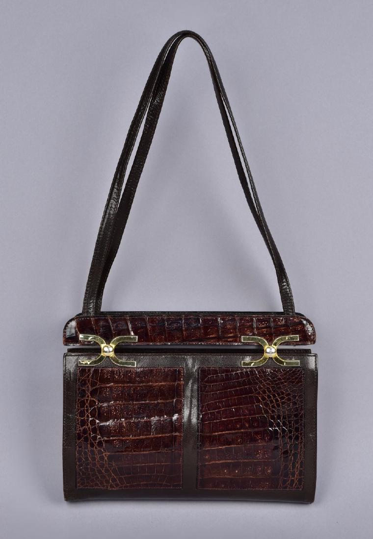 BROWN LEATHER and CROCODILE HANDBAG, 1970s (1 of 2)