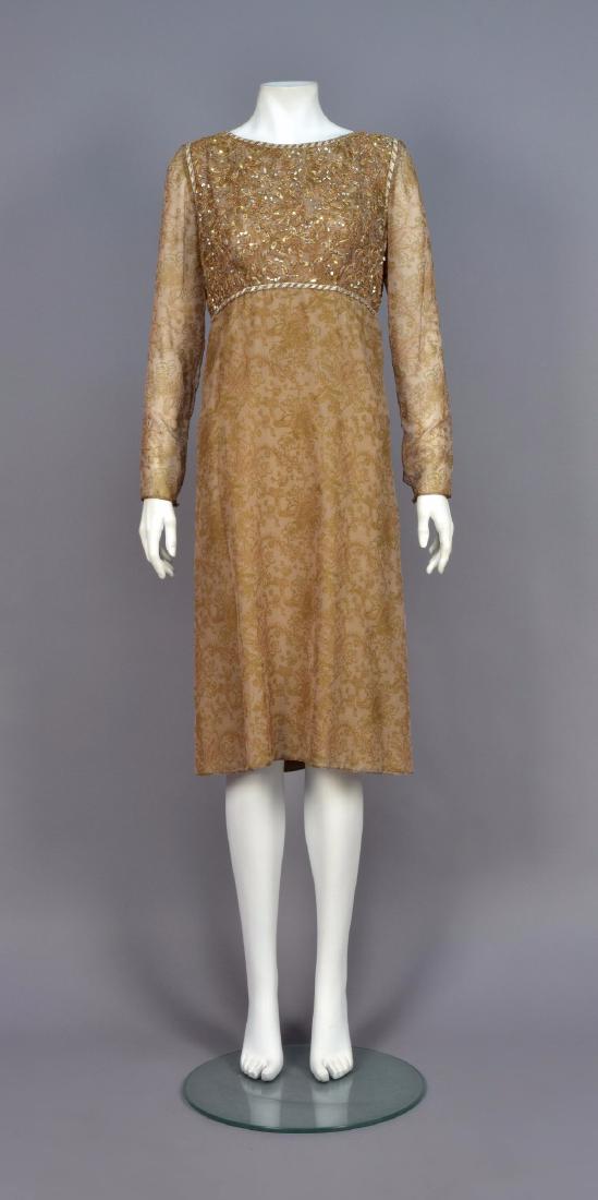 OSCAR de la RENTED PRINTED and SEQUINED CHIFFON DRESS: Long sleeve taupe silk printed with a pink and metallic gold floral, high-waisted bodice decorated with silver metallic embroidery, heart-shaped spangles, gold sequins, coiled copper cord, Labeled. B-