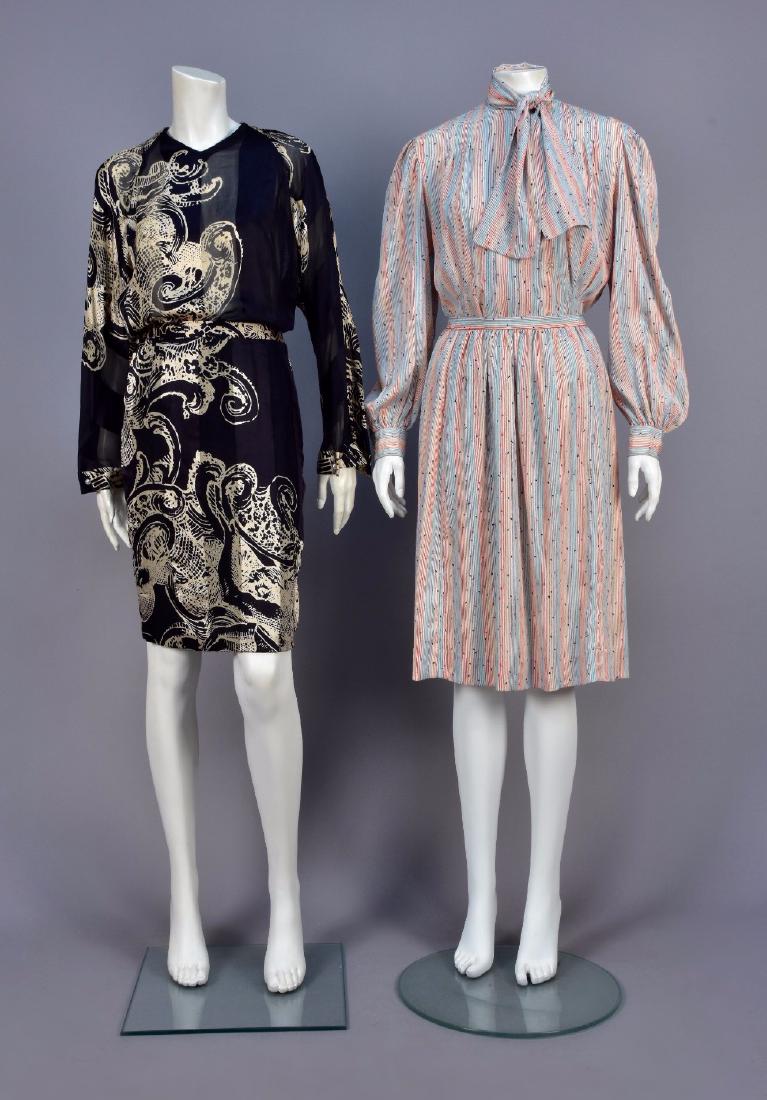 TWO DESIGNER PRINTED SILK ENSEMBLES, c. 1980: One Gianfranco FerrÃ© black and bone abstract print in chiffon with satin stripe, V-neck blouse with back buttons, narrow skirt, B-40, W-26, H-36, skirt L-23, one Halston polychrome pencil stripe pr
