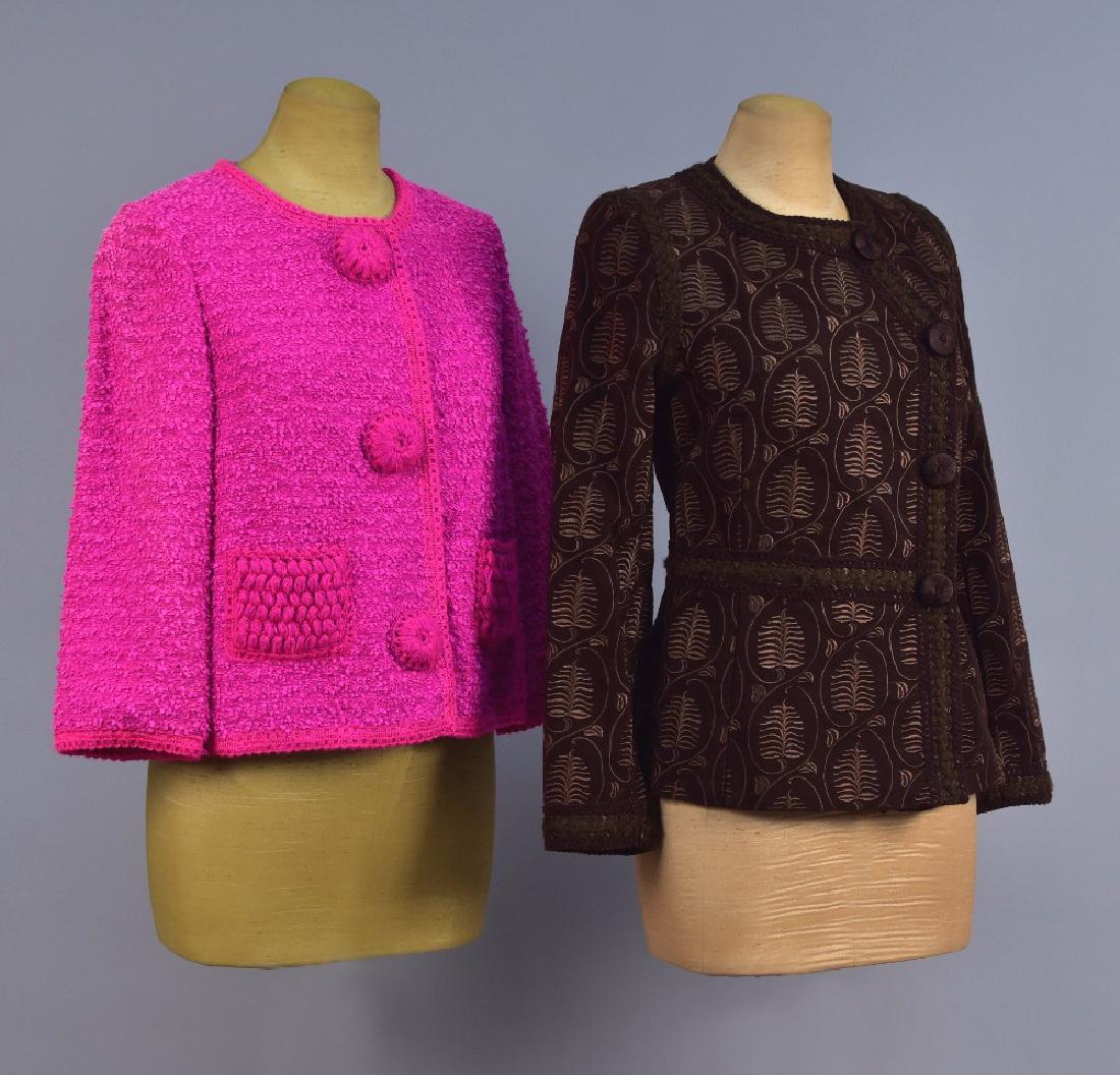 TWO ANDREW GN JACKETS: Both with cord trim and faux buttons over snap closure: One brown cotton velveteen embroidered with a stylized fern repeat, B-35, Sh-14, Slv-23, L-23; one novelty weave wool and silk blend in pink and