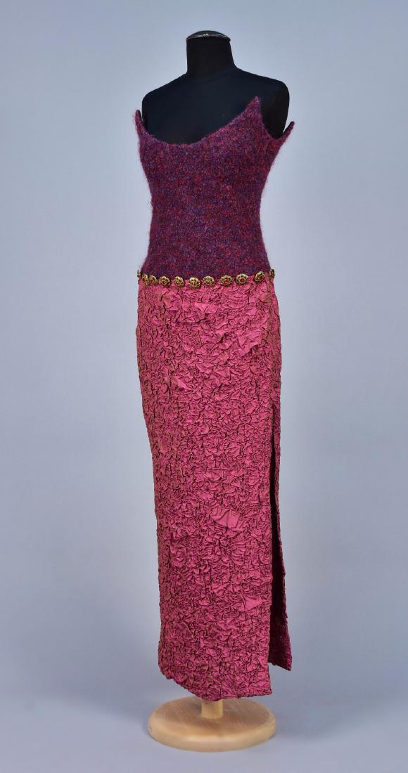 GALANOS WOOL and TAFFETA EVENING GOWN, c. 1990: Tweed bouclÃ© strapless bodice in red and plum, dropped waist decorated in gold tone buttons with faceted red jewels, crinkled long pencil skirt in pink and gold changeable taffeta, side slit to hip
