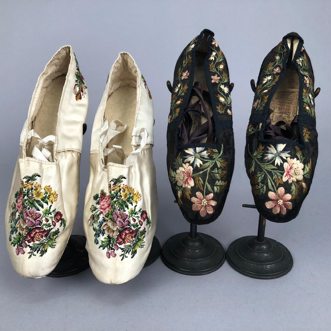 TWO PAIR FLORAL EMBROIDERED SILK SLIPPERS, 1830s - (1 of 7)
