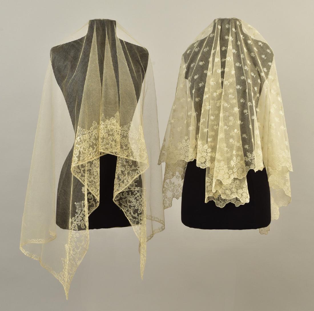 TWO CREAM NEEDLERUN LACE BONNET VEILS, 1830s - 1840s (1 of 3)