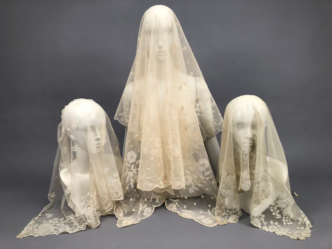 FOUR CREAM EMBROIDERED NET BONNET VEILS, 1810 - 1830 (1 of 7)