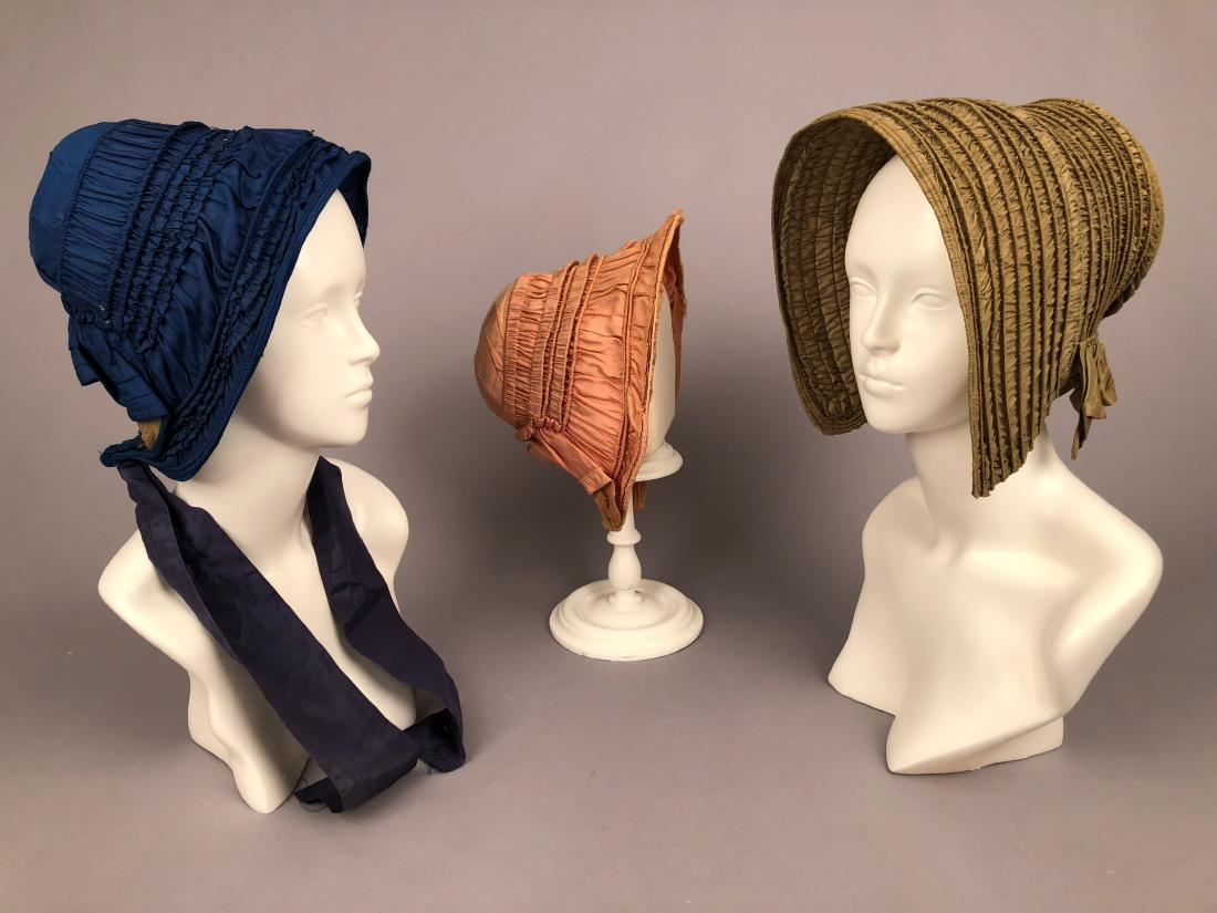 THREE RIBBED SILK BONNETS, 1830 - 1840s (1 of 5)