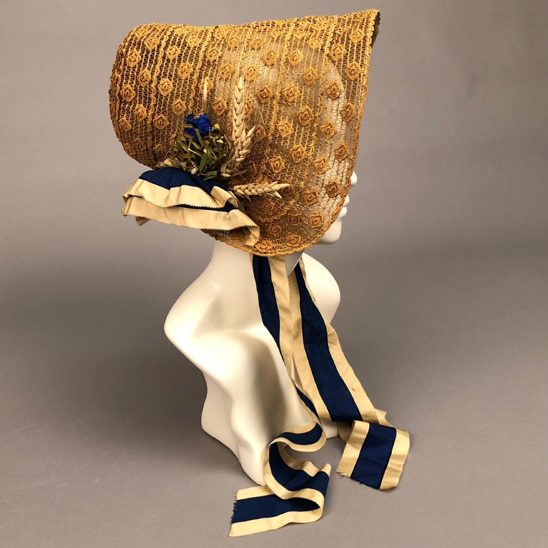 FANCY-WEAVE STRAW BONNET with WHEAT DECORATION, 1840s (1 of 3)