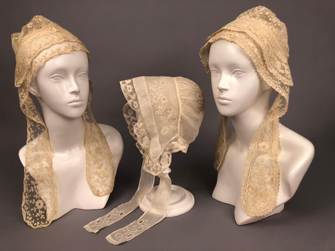 THREE APPLIQUE LACE INDOOR BONNETS, 1830s - 1850s (1 of 5)