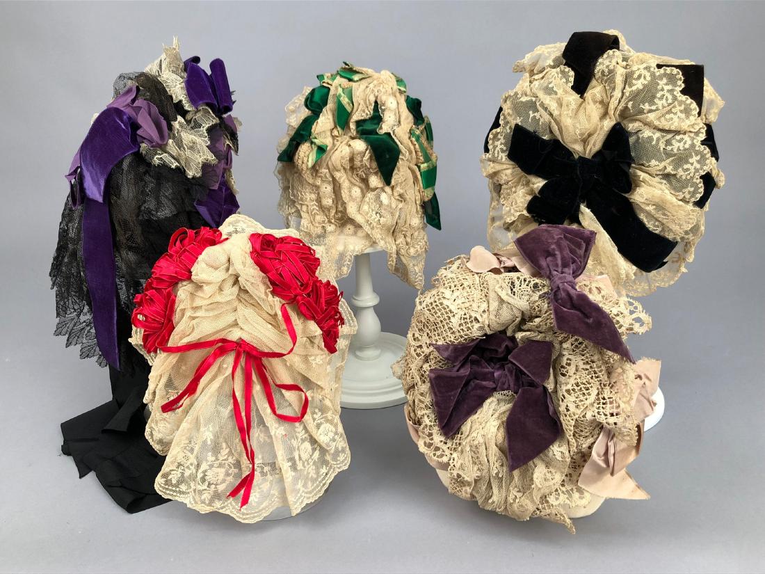 LOT of FIVE LACE BONNETS and CAPS, 1860s -1890s (1 of 3)