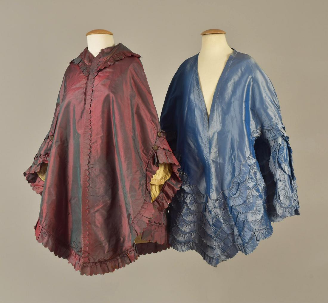 TWO SHOT SILK CARRIAGE CLOAKS with RUFFLES, 1840s - (1 of 3)