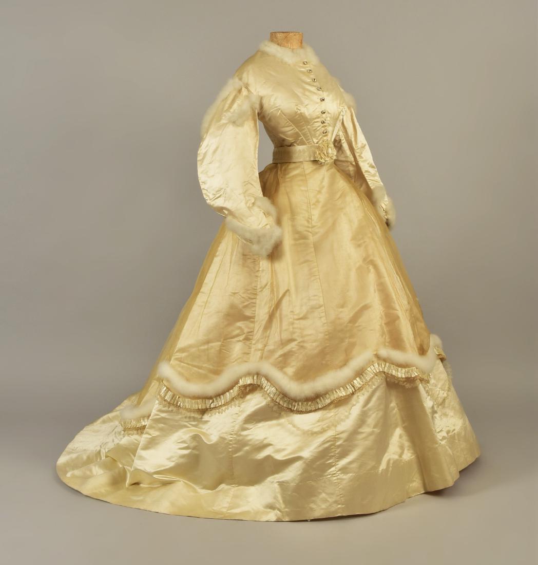 IVORY SATIN WEDDING GOWN TRIMMED in SWAN'S DOWN, c. (1 of 4)