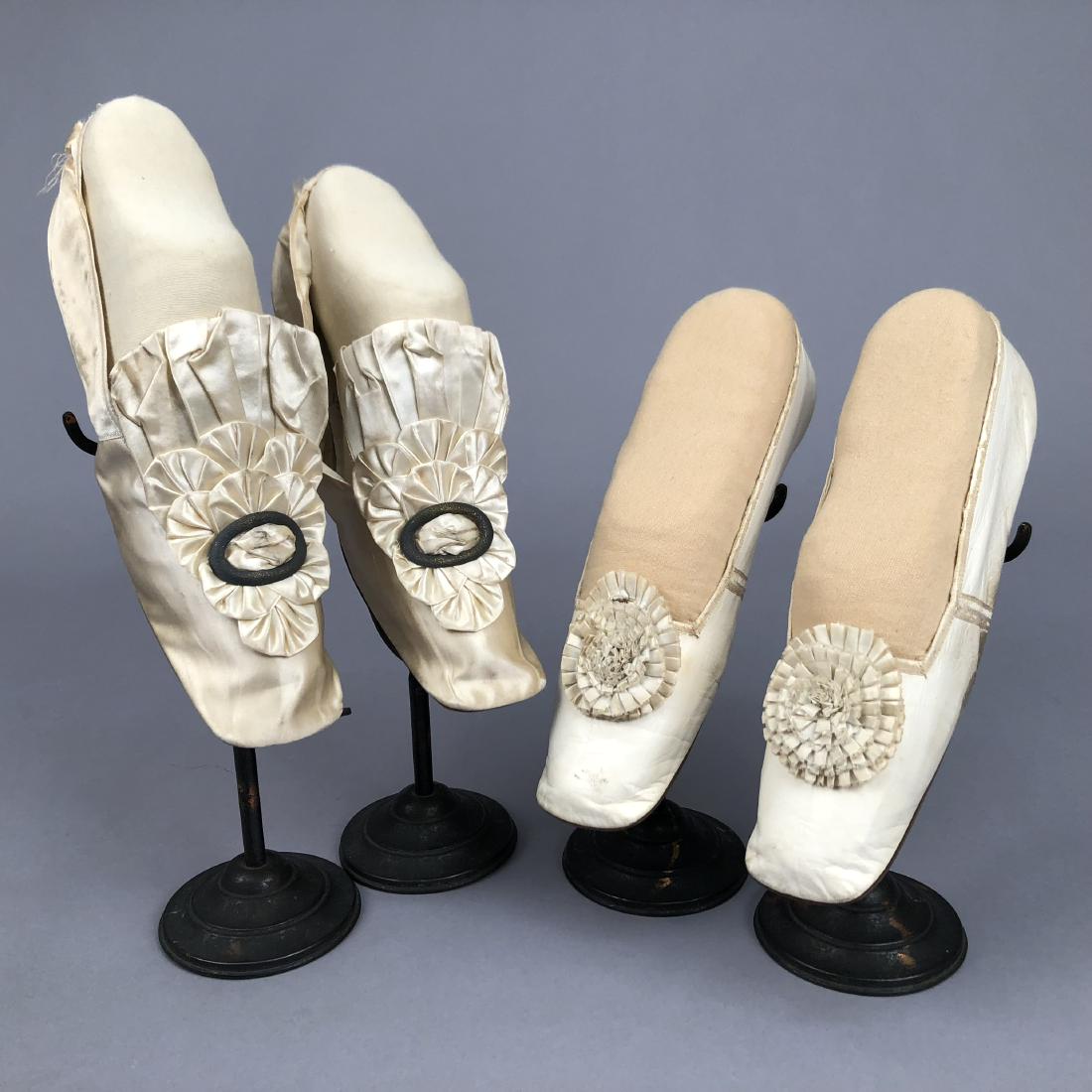 TWO PAIR CREAM FLATS with SILK DECORATION, 1840s and (1 of 7)