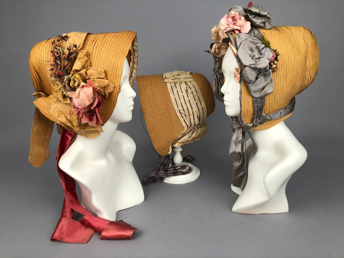 THREE WIRED-BRIM STRAW BONNETS, 1840s (1 of 3)