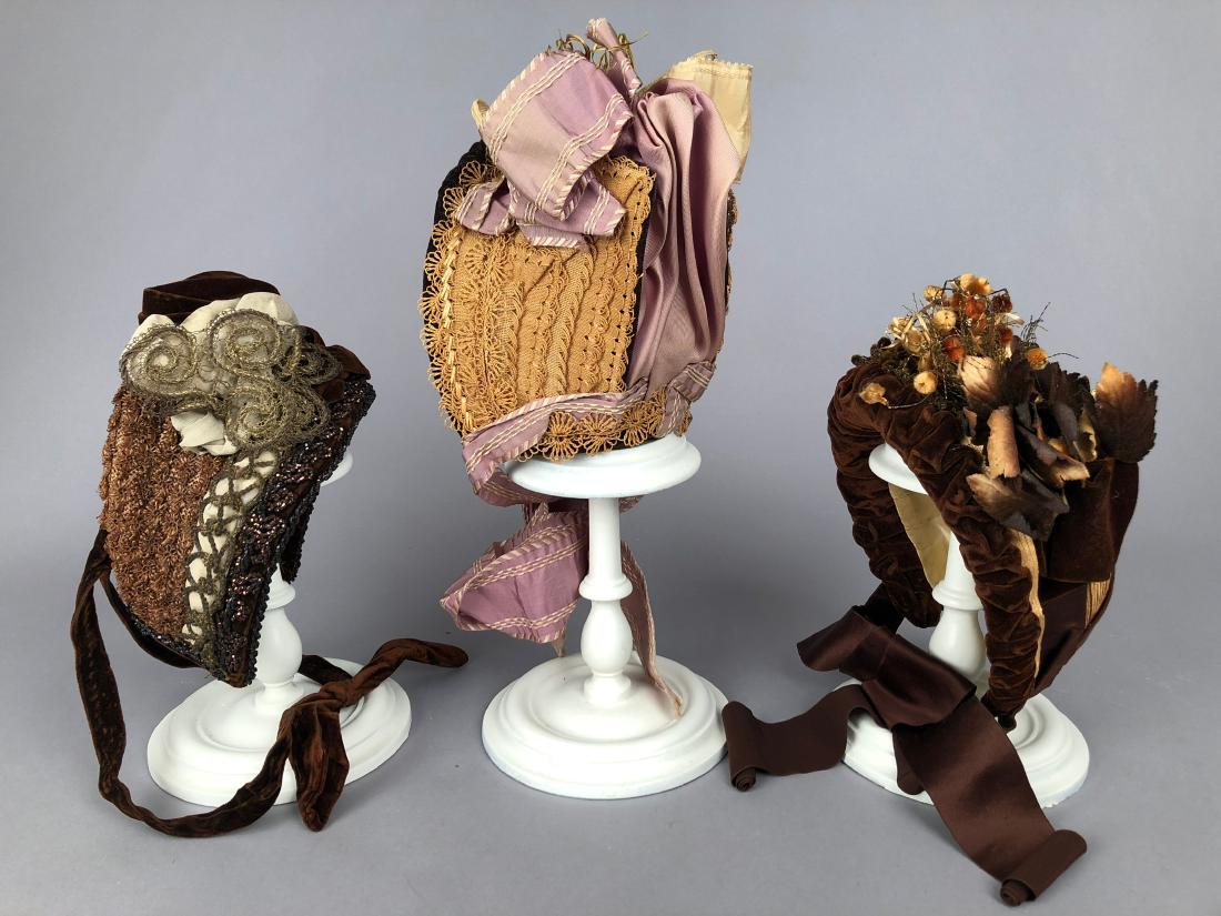 THREE STRAW BONNETS with VELVET TRIM, 1880s (1 of 10)