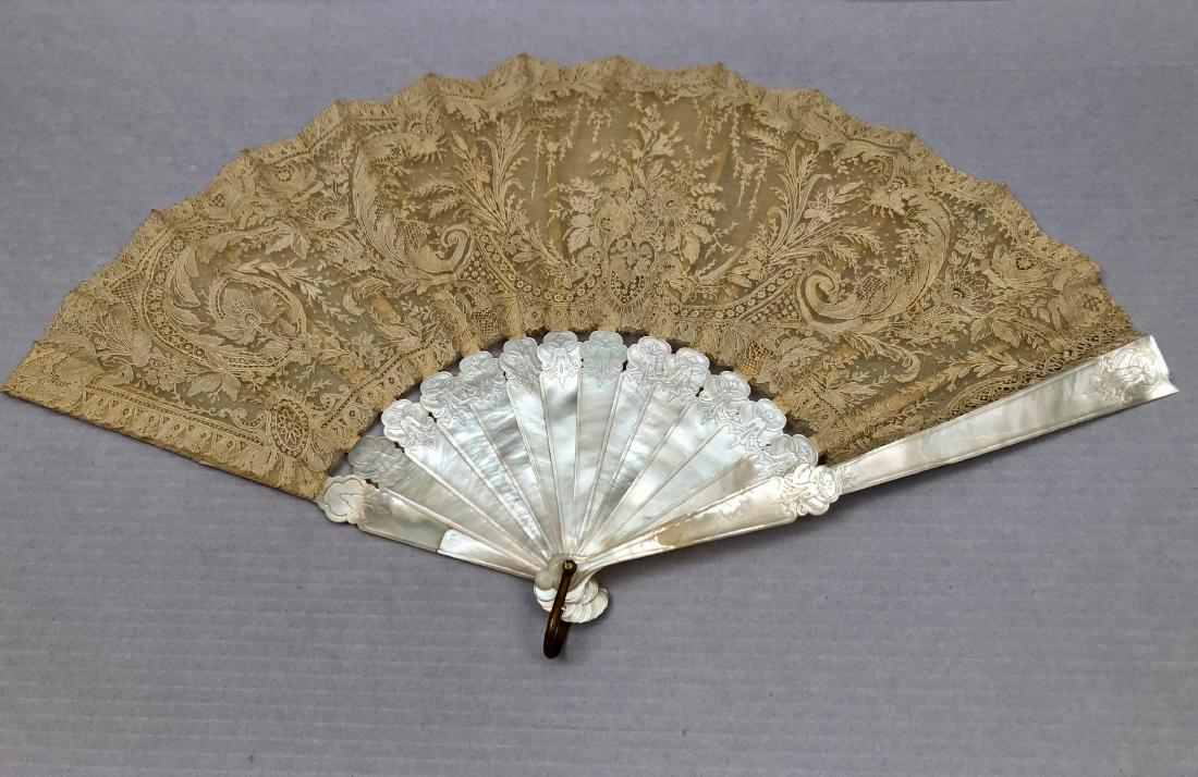 POINT de GAZ LACE FAN with MOTHER of PEARL STICKS, 1890 (1 of 2)