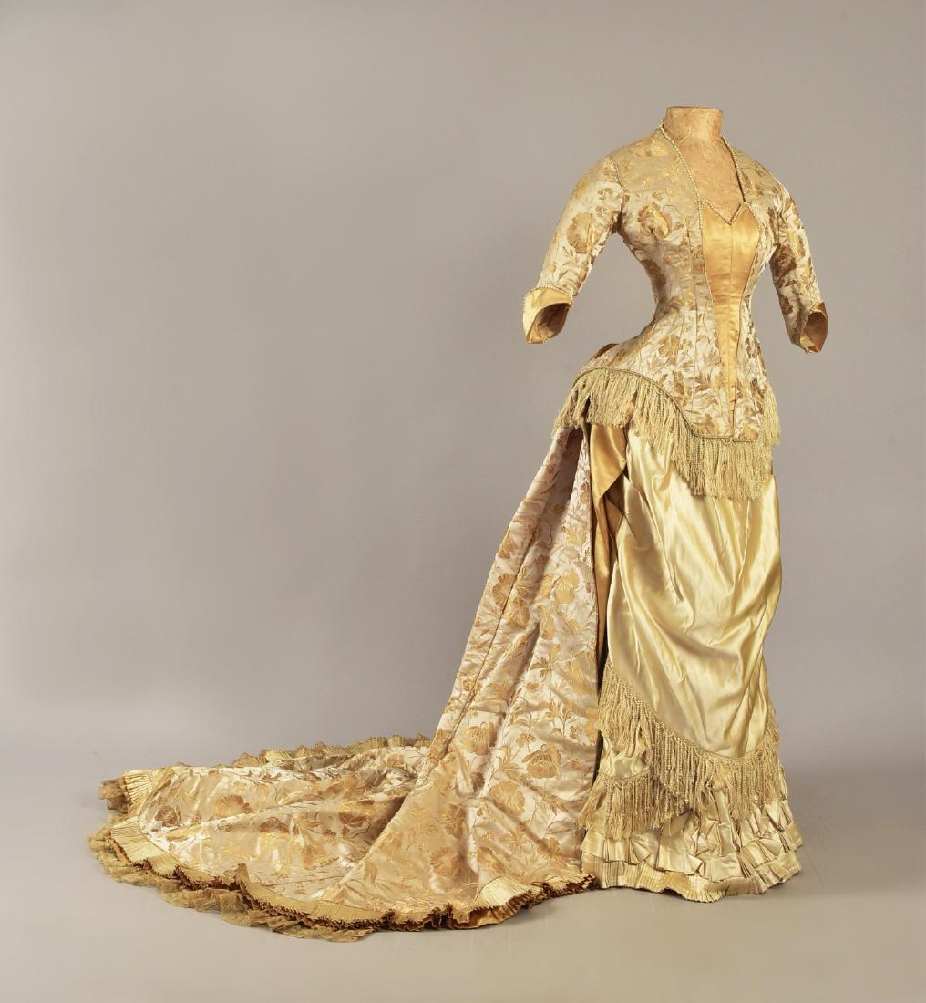 FRINGED and PEARL-TRIMMED SILK BUSTLE GOWN, c. 1879 (1 of 5)