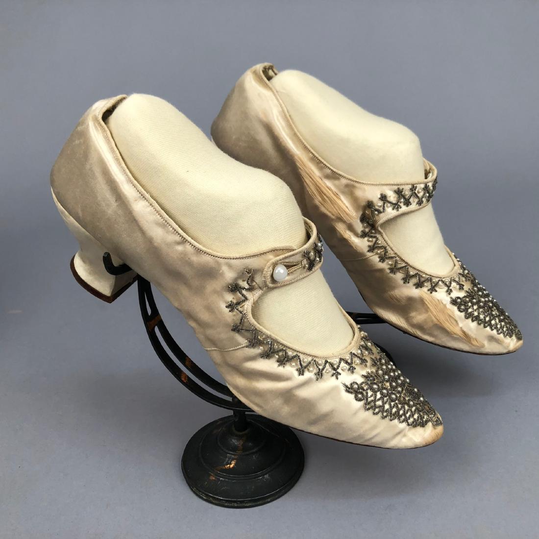 TWO PAIR BEADED SATIN WEDDING SHOES,  c. 1890 and 1914 (1 of 3)