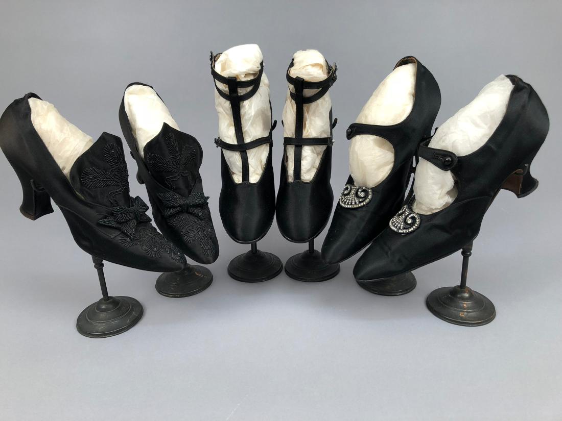 THREE PAIR HEELED BLACK SATIN SHOES, 1912 - 1915 (1 of 4)