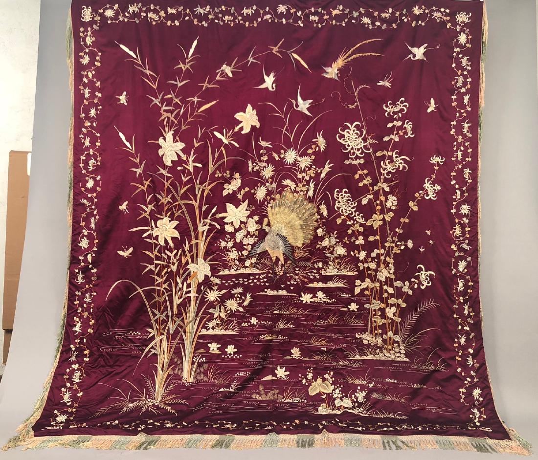 CHINESE EXPORT SILK EMBROIDERED COVERLET, EARLY 20th C (1 of 5)