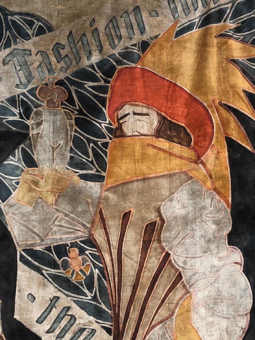 HAND PAINTED VELVET PANEL with FASHION THEME, EARLY: Large panel, possibly for an exhibition, hand painted with male and female figures in stylish Renaissance period dress in a fanciful landscape. The couple surrounded with banners having a quote on fas