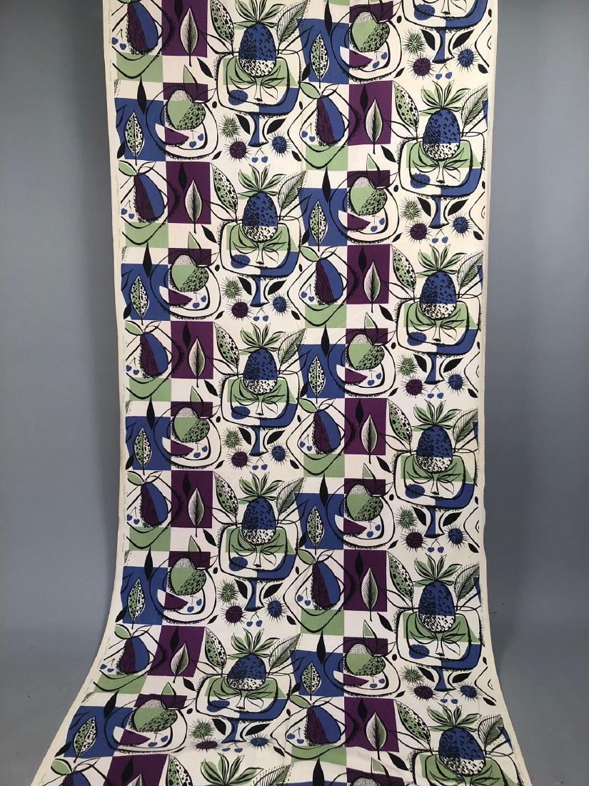 BOLT PRINTED COTTON HOME FURNISHING FABRIC, 1950s: Screen printed heavy textured cotton with pineapples, pears, apples and other fruits on plates and platters in black, celery green, lavender and purple. Selvedge marked "Creation Montex, Paris, Reprod