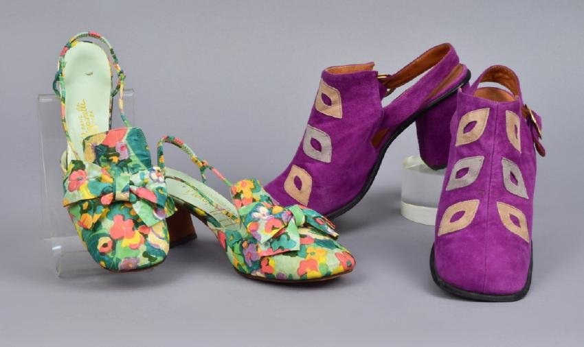 SCHIAPARELLI FLORAL PRINT SLINGBACK SHOES, 1960s: Polychrome mattelasse having rounded square toe, self bows and shaped 2 1/4-inch heel, labeled, marked 6 1/2 M, 9 1/2 x 3, (light soil, minor wear) good. Together with a pair of Chandler's slingback p