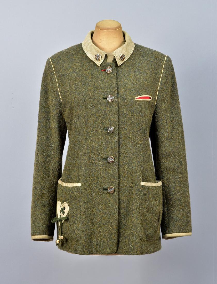 ADMONT BAVARIAN JACKET with ANTLER BUTTONS, 1980s: Army green wool-alpaca blend having bone suede collar, trim and heart-shaped lacing appliquÃ©s, antler buttons inset with metal bars, welted breast pocket and two patch pockets, red and white gingha