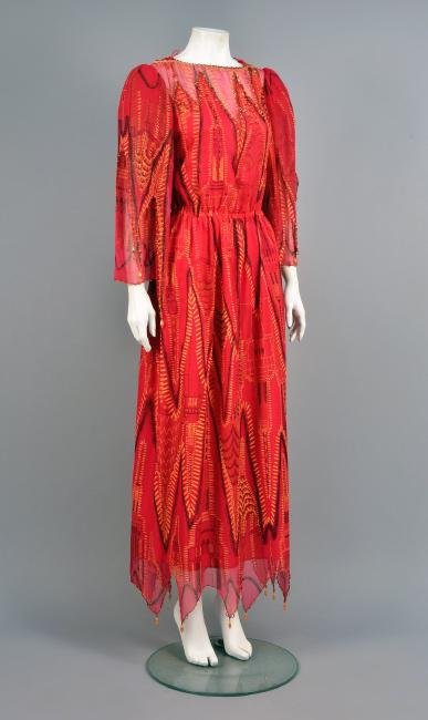 ZANDRA RHODES PRINTED SILK DRESS with BEADWORK, 1980s (1 of 5)