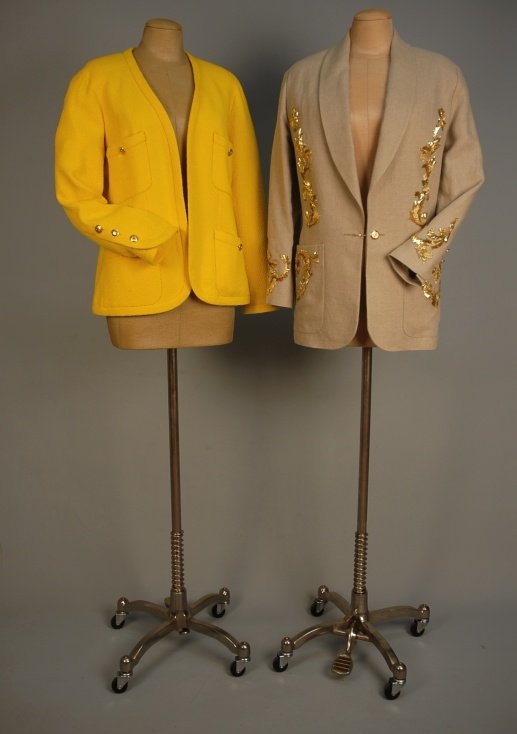 TWO LADIES' CHANEL BOUTIQUE JACKETS, 1970s-1980s D: TWO LADIES' CHANEL BOUTIQUE JACKETS, 1970s-1980s Estate of Doris Duke to benefit DDCF. One buttercup yellow wool with four brass logo button patch pockets, three buttons on sleeve. Bust 36, shoulder 1